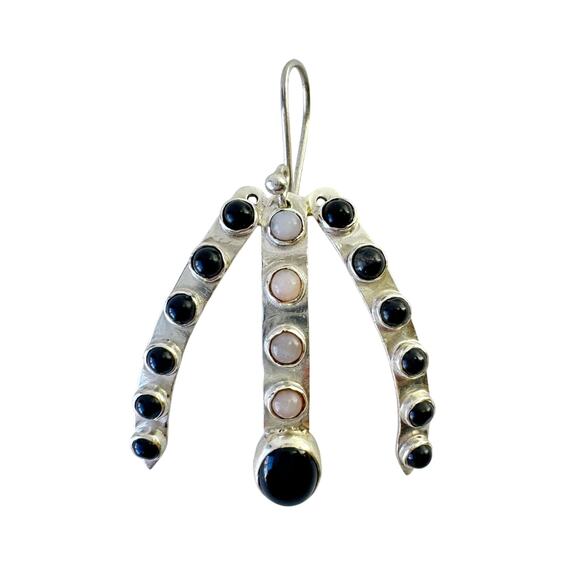 Spiky Black Onyx & Pink Opal Sterling Silver Handmade Earrings - Picture 2 of 7